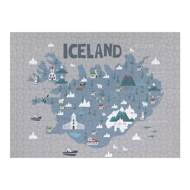 IJsland Geïllustreerde Kaart Legpuzzel Op Maat Hout Gepersonaliseerde Naam Gepersonaliseerde Baby Object Puzzel