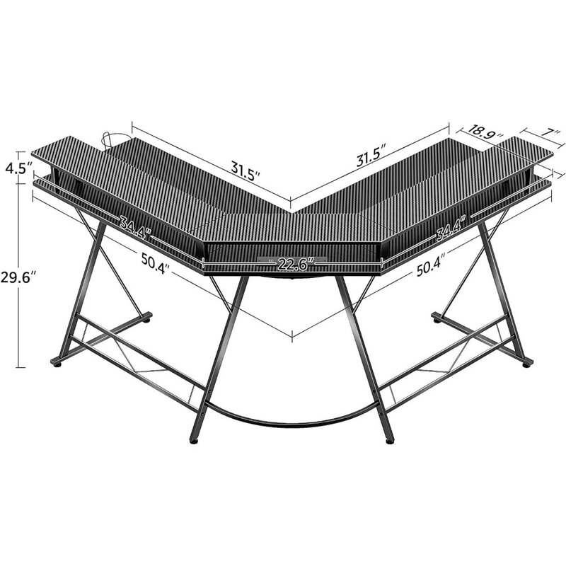 Игровой стол в форме лампы головного света и розеток питания, компьютерный стол 50,4 дюйма с подставкой для монитора и поверхностью из углеродного волокна,