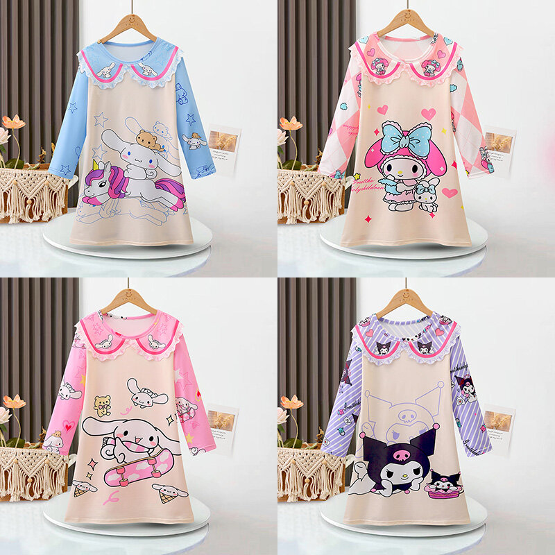 2024 Summer Long Sleeved Nightdress Anime Cinnamoroll Kuromi My Melody Children's Pajamas Girls Milk Silk Nightgown Home Clothes