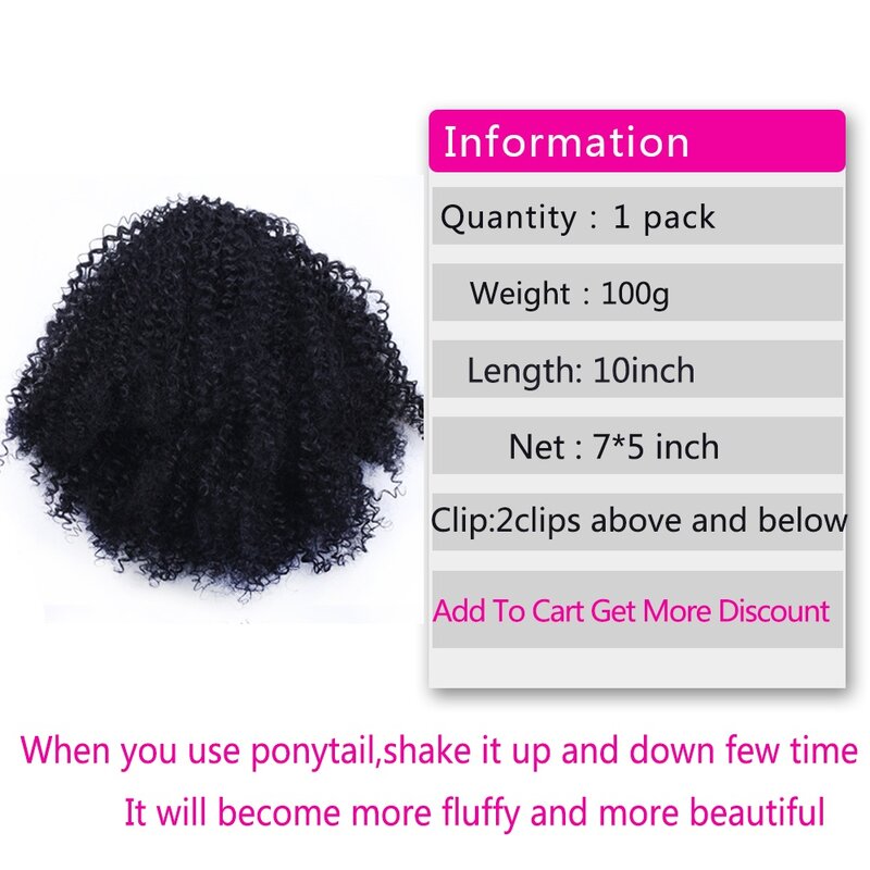 Curto Afro Puff Kinky Curly Drawstring Ponytail, extensão do cabelo sintético para mulheres negras, postiço com 2 clipes