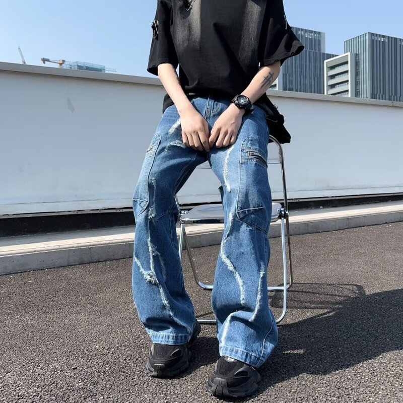 سراويل جينز مستقيمة كاجوال للرجال ، بنطلون واسع الساق فضفاض ، جينز كبير الحجم ، ملابس الشارع الهيب ، موضة Y2K هوب ،