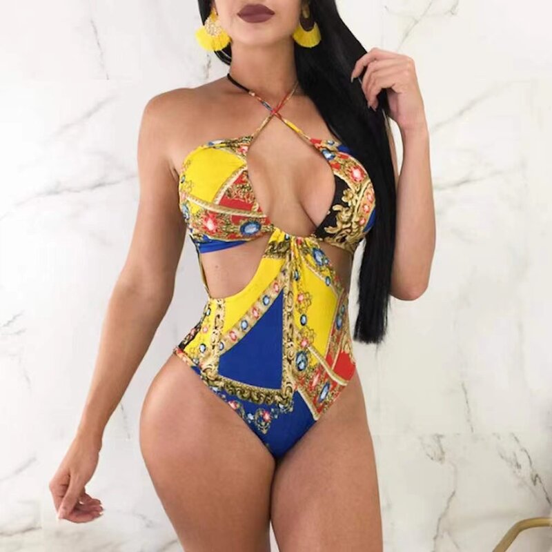 2024New Women's One-piece Printed With Hollow And Sexy StrapS Crossed SwimSuit Bikini