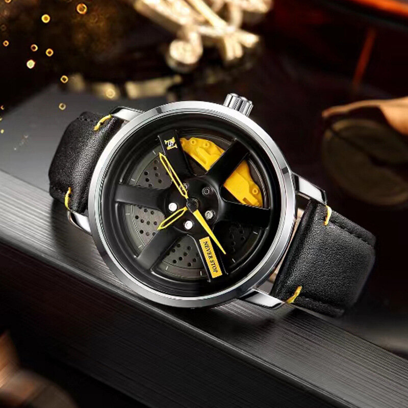 UTHAI L98 브랜드 시계 남성용 패션 스포츠 개성 자동차 허브 360 ° 회전 방수 가죽 쿼츠 시계 손목시계