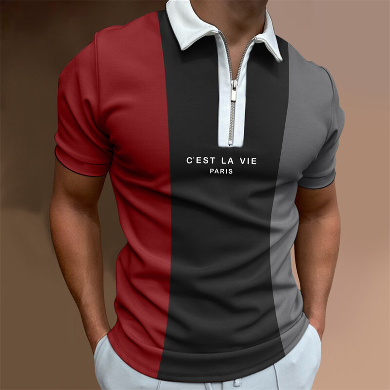 2023 New Men Polo Shirts Summer High Quality Casual Daily Short Sleeve Letter Printing Striped Shirts Turn-Down Collar Zippers T
