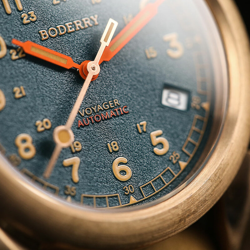 Boderry VOYAGER Field relógios para homens, Bronze Case, relógio mecânico automático, 100m impermeável, relógio militar, relógio de pulso vintage