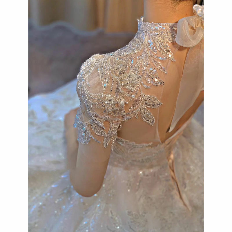 Gaun Pernikahan Wanita Garis A Mewah Gaun Pengantin Punggung Terbuka Berenda Payet Glitter Leher Tinggi Putri Jubah Pernikahan Gaun Pernikahan