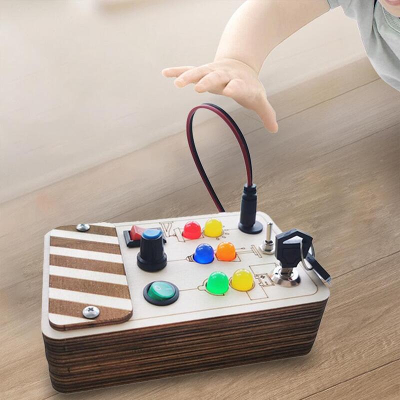 Tablero sensorial con interruptor de madera, tablero fino con botones LED, educativo para viajes, juegos tempranos