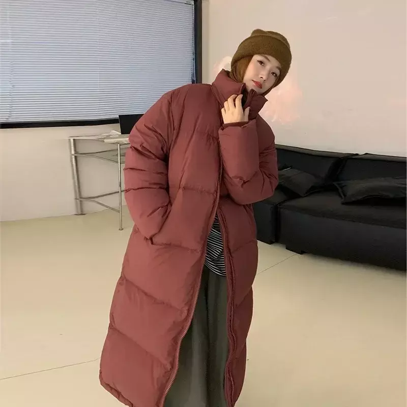 Jaket panjang tebal Korea, mantel panjang wanita kerah lipat, lengan panjang longgar, 2023 musim dingin, pakaian hangat kasual