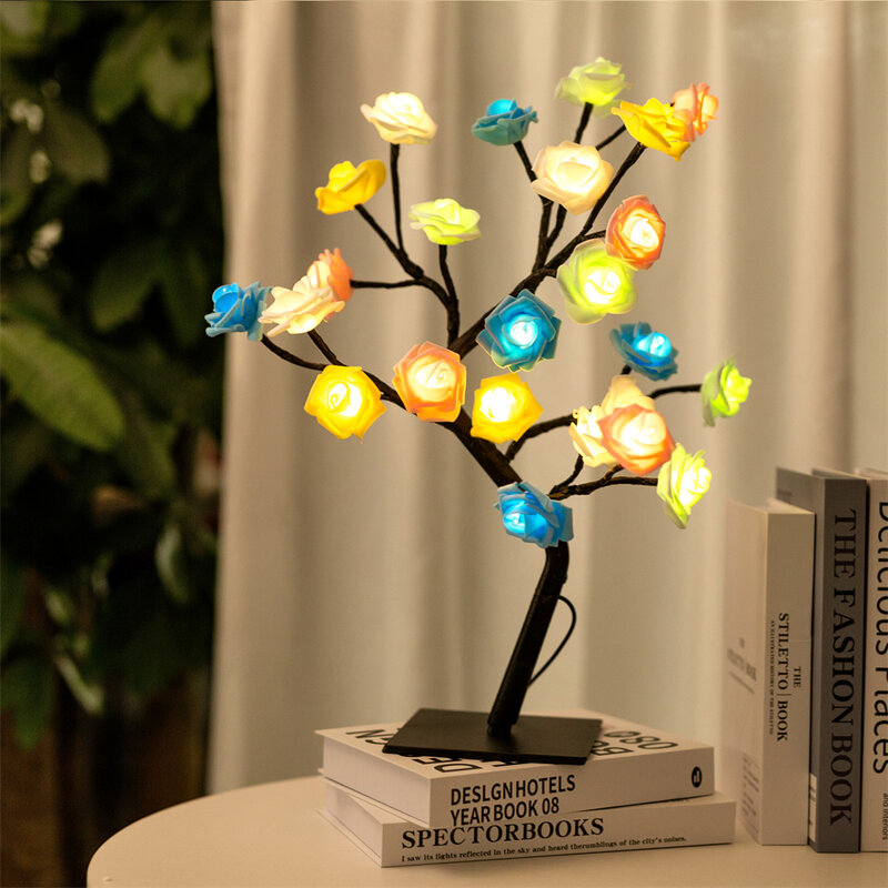 Luces LED de hadas decorativas, lámpara de escritorio con alimentación USB, rama de árbol Rosa Artificial, decoración del Día de San Valentín y boda