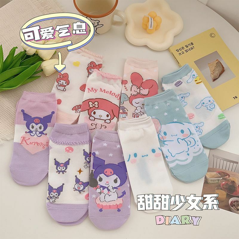 Носки Sanrio Kawaii 3 шт., милые осенние тонкие удобные дышащие носки Kuromi Cinnamoroll из аниме для студентов, Мультяшные Игрушки для девочек