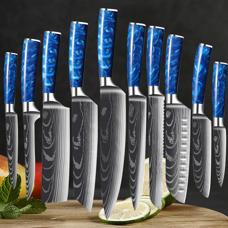 Set pisau koki rumah tangga, pisau pengiris daging pola Damaskus baja tahan karat 7CR17 tukang daging, pisau dapur