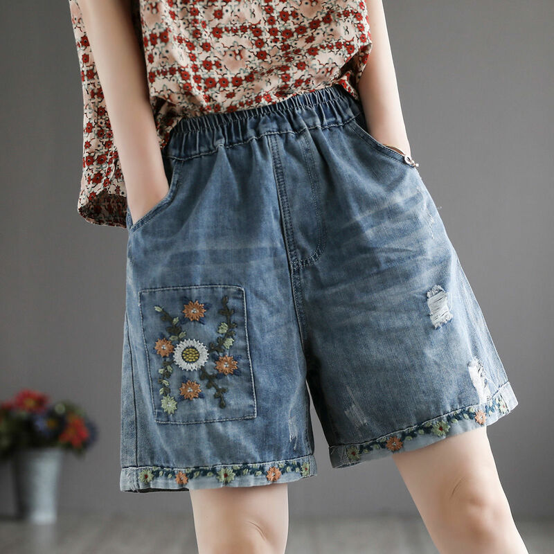 6167 koreanischen Stil klassische High Taille Denim Shorts Sommer trend ige Patchwork Stickerei Blumenmuster weites Bein Hosen Frauen Jeans