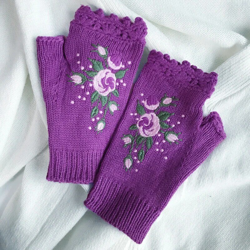 Autumn And Winter Gloves Handmade Embroidered Gloves Autumn And Winter Bee Blossom Women's Warm Gloves Wool Knitted Gloves