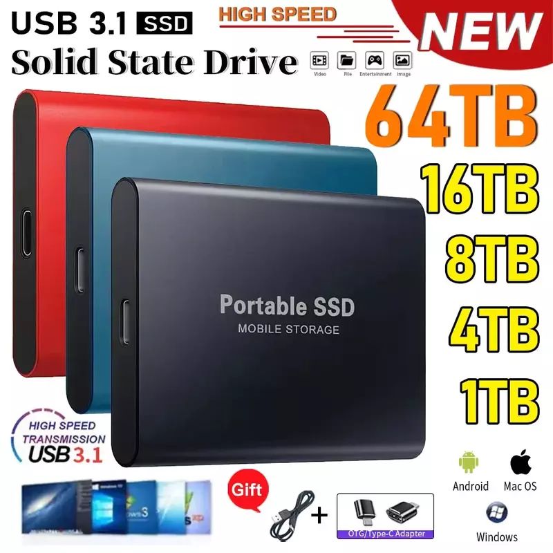 Disque Dur Externe SSD Portable, Haute Vitesse, 1 To, 2 To, pour Ordinateur Portable, Mac