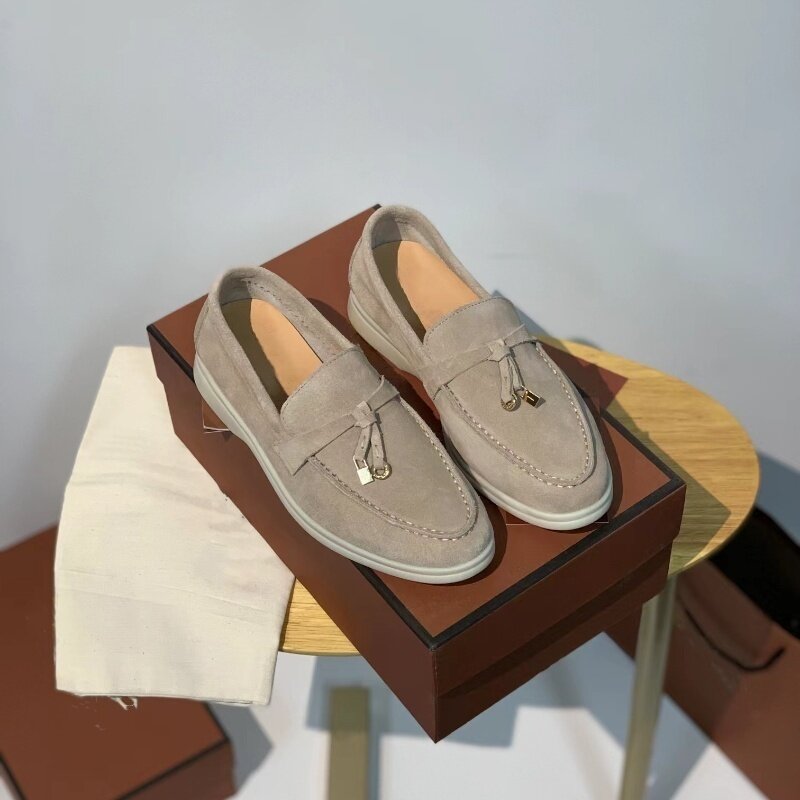 Mocassins de couro genuíno borla fivela, adequado para mulheres com pés preguiçosos de fundo plano, Sapatos de caxemira macios versáteis, 24