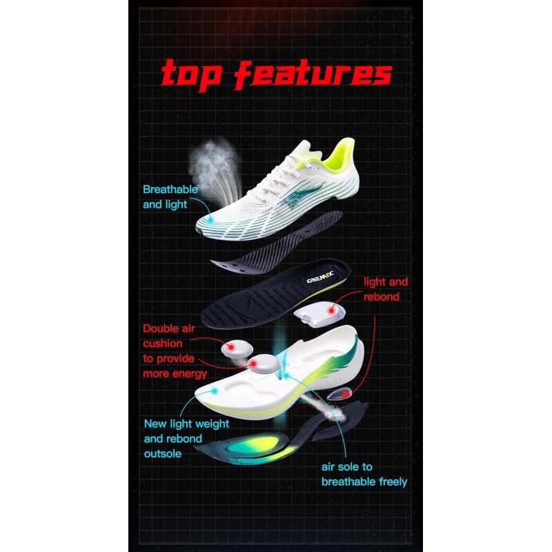 ONEMIX 2023 mężczyzn świecące buty do biegania maraton oddychające sportowe trampki damskie sznurowane siatkowe buty sportowe miękkie włókna węglowe