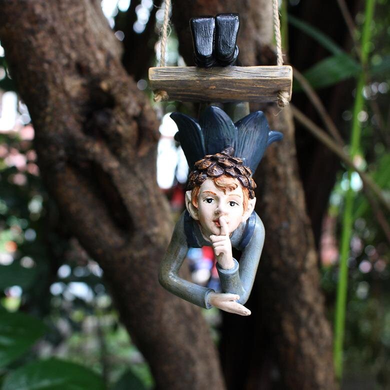 New Garden Decoration Outdoor Hanging Statue Fairy Garden Elf Boy Swinging Sculpture Resin Figurine Tree Ornament for Home