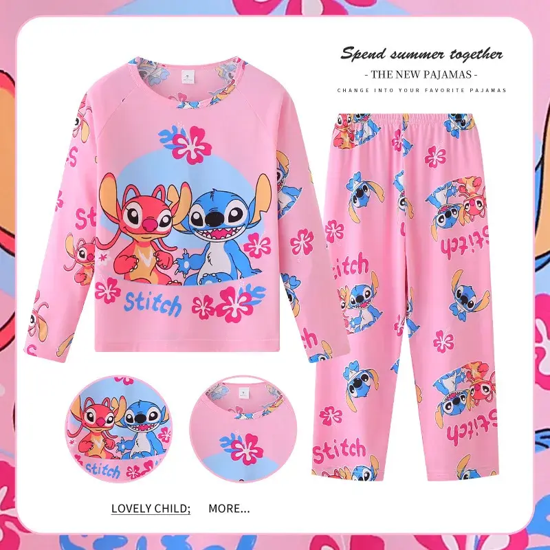 New Spring Children's Clothing Sets Stitch Angel Boys Sleepwear Long Sleeved Pants Clothes Kids Pajamas Set Baby Girls Pyjamas