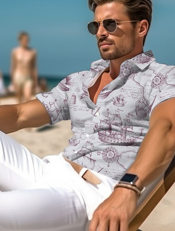 Мужская повседневная гавайская рубашка с принтом граффити и картой, летняя пляжная рубашка с короткими рукавами и пуговицами, повседневная одежда для отпуска в стиле Харадзюку