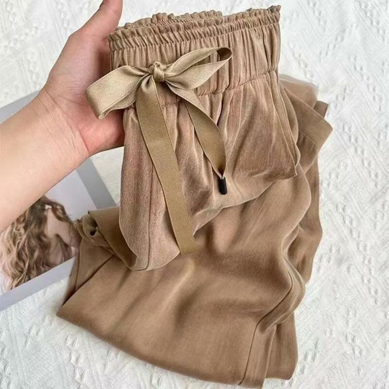 Solid Color Pants Elastic Waist Drawstring Women's Casual Pants Solid Color Ice Silk Straight Wide Leg Trousers for Streetwear