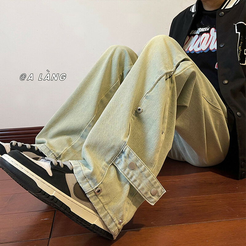 Pantalones vaqueros holgados para hombre, ropa de calle japonesa, estilo Hip Hop, Vintage, desgastados, con botones laterales, color negro, Otoño, 2023