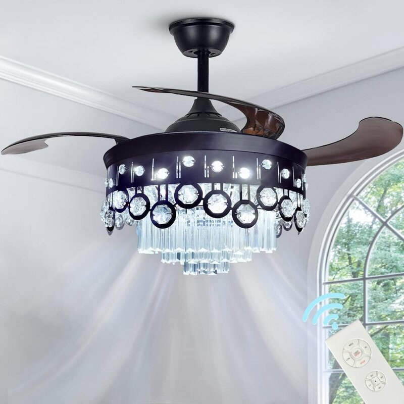 42-calowy wentylator sufitowy z lampą LED wysuwany głośniczek Bluetooth żyrandol 7-kolor kryształu nowoczesny sufit wentylator zdalny wystrój domu