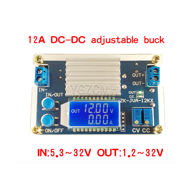 Ajustável Step-down Power Converter Module, LCD Digital Tensão Atual Display, 12A, CC, CV