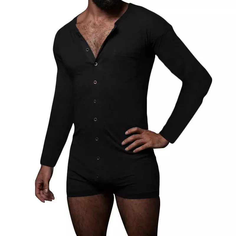 Macacão masculino sexy de manga comprida, pijama de uma peça, botões monocromáticos, pijama com o pescoço, camiseta em casa, roupas apertadas para homens, nova cor, 2023