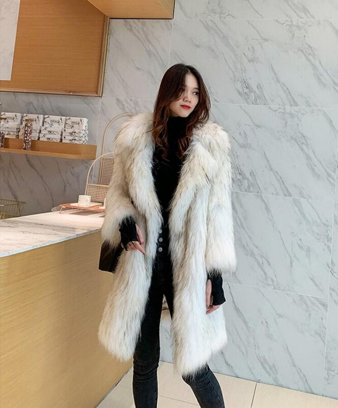 Женское длинное пальто из меха енота, теплое пальто большого размера с имитацией лисьего меха, ветровка для отдыха, зима 2023