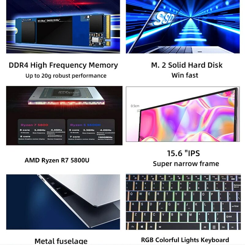 Amd-カラフルなゲーミングノートパソコン、Windows 11ゲームノート、15.6インチ、ryzen R7-5800U、64GB RAM、1テラバイトssd、wifi、type-c、rj45、2024
