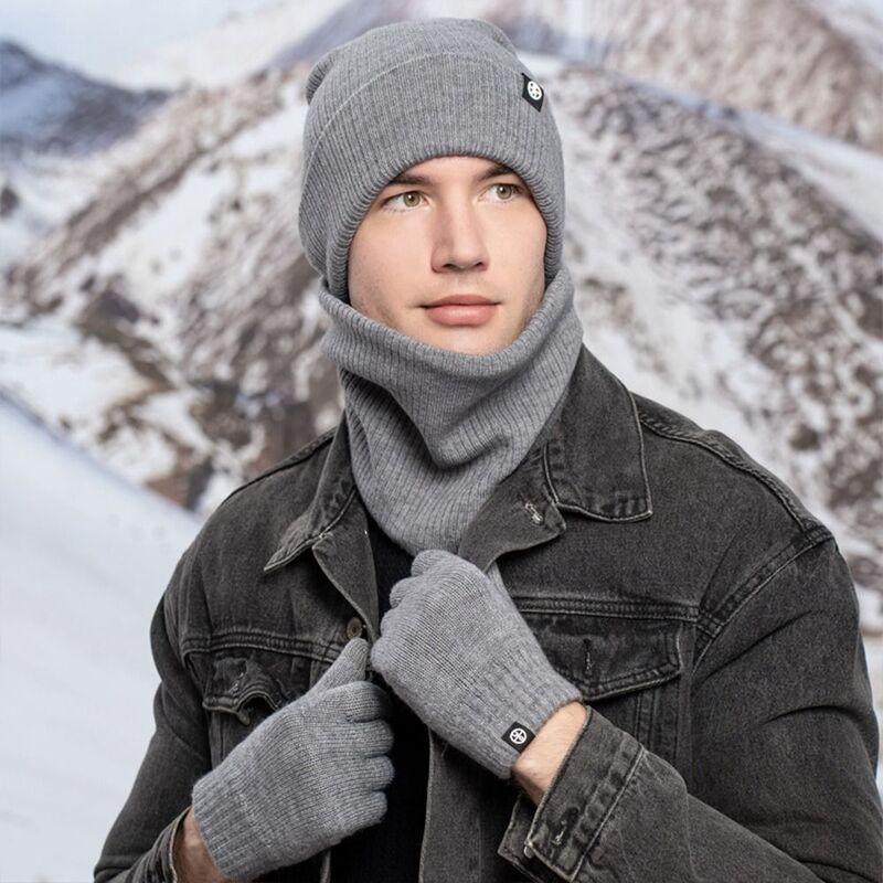 Gorro macio cachecol e luvas para homens e mulheres, lã quente, cachecol casual com gola de malha, presentes, inverno