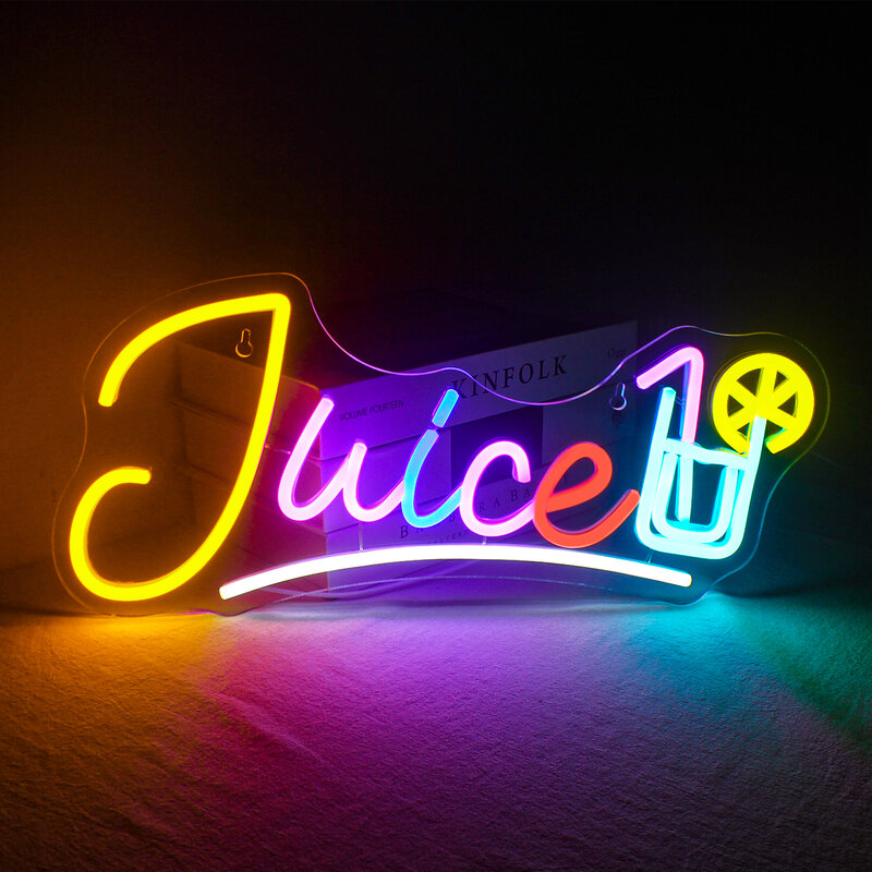 Juice Noen lampu dinding huruf warna-warni, lampu dekorasi USB toko makanan klub Bar pesta ulang tahun hiasan ruang estetika lampu dinding huruf warna-warni LED
