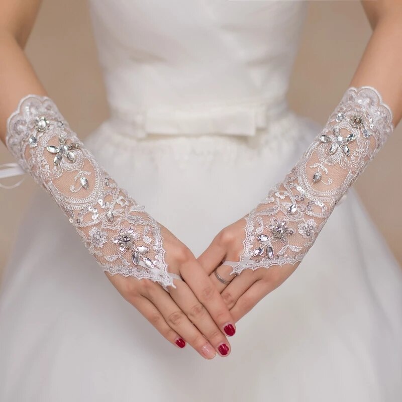Guantes de novia de boda blancos, guantes cortos sin dedos, accesorios de boda con cuentas de encaje