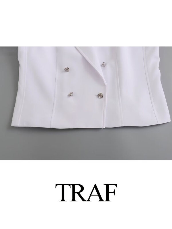 TRAF 2024 Woman Fashion Summer Coats White Turn-Down Collar Long Sleeves Buttons Double Breasted Female Blazer Office Lady