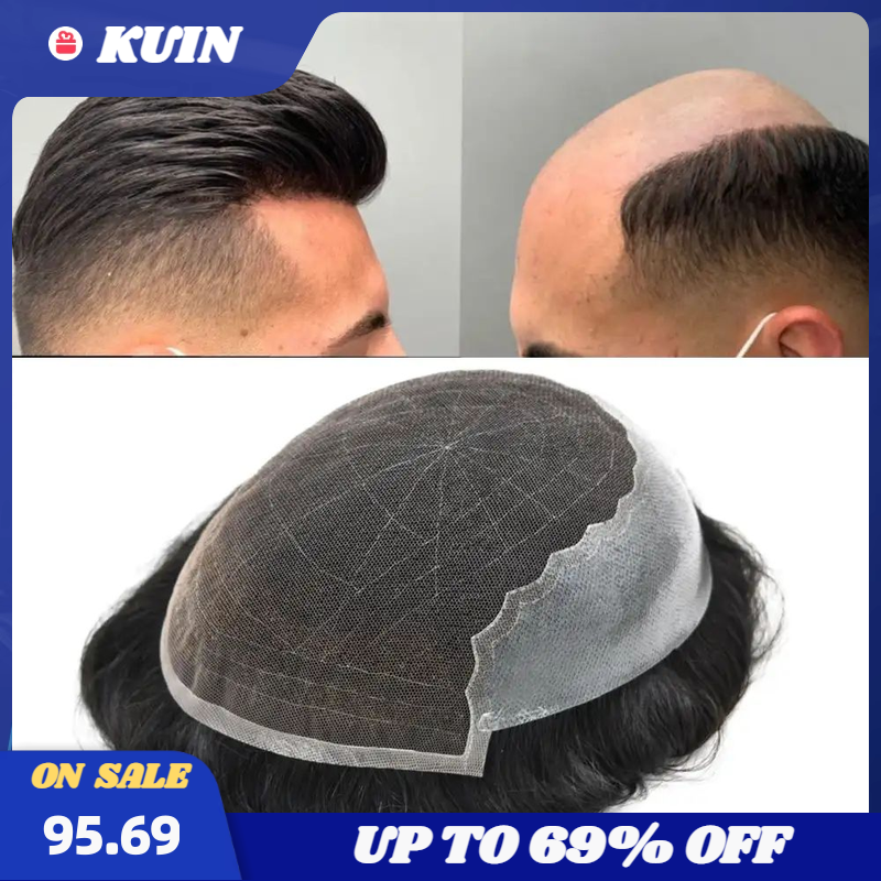 Kuin-tupé de encaje y PU para hombre, Peluca de cabello humano 100% liso y transpirable, prótesis capilar, sistema de cabello tupé