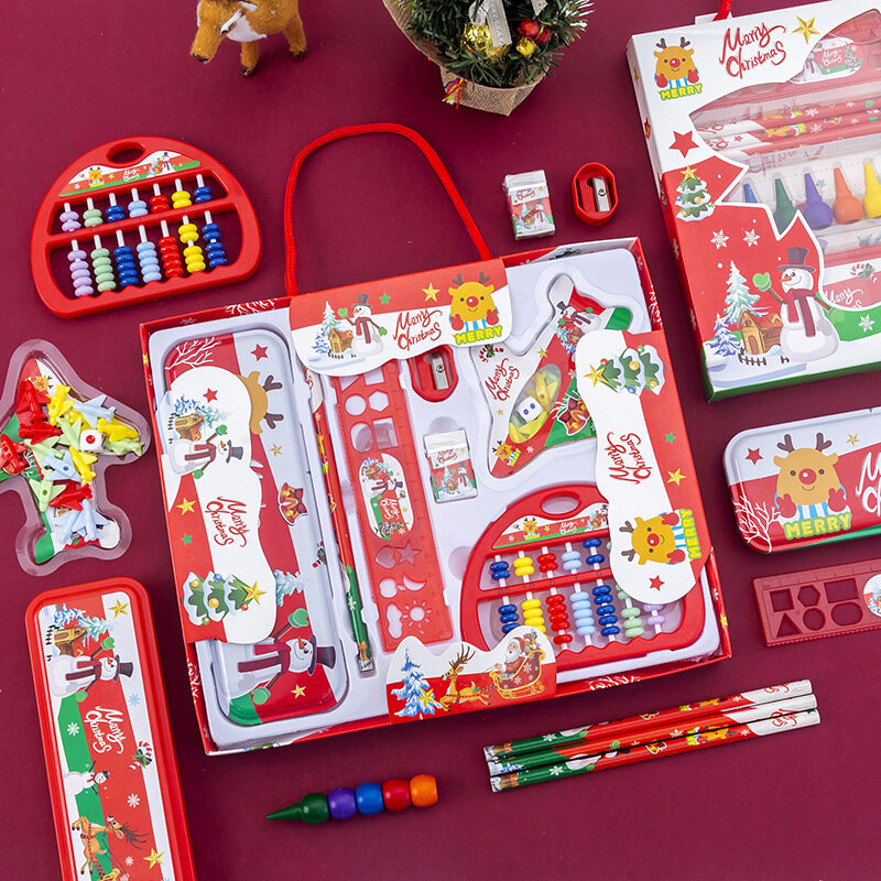 Papelaria de Natal com estojo, lápis, borracha, apontador de lápis, escrita, ferramentas de desenho, presente para estudante