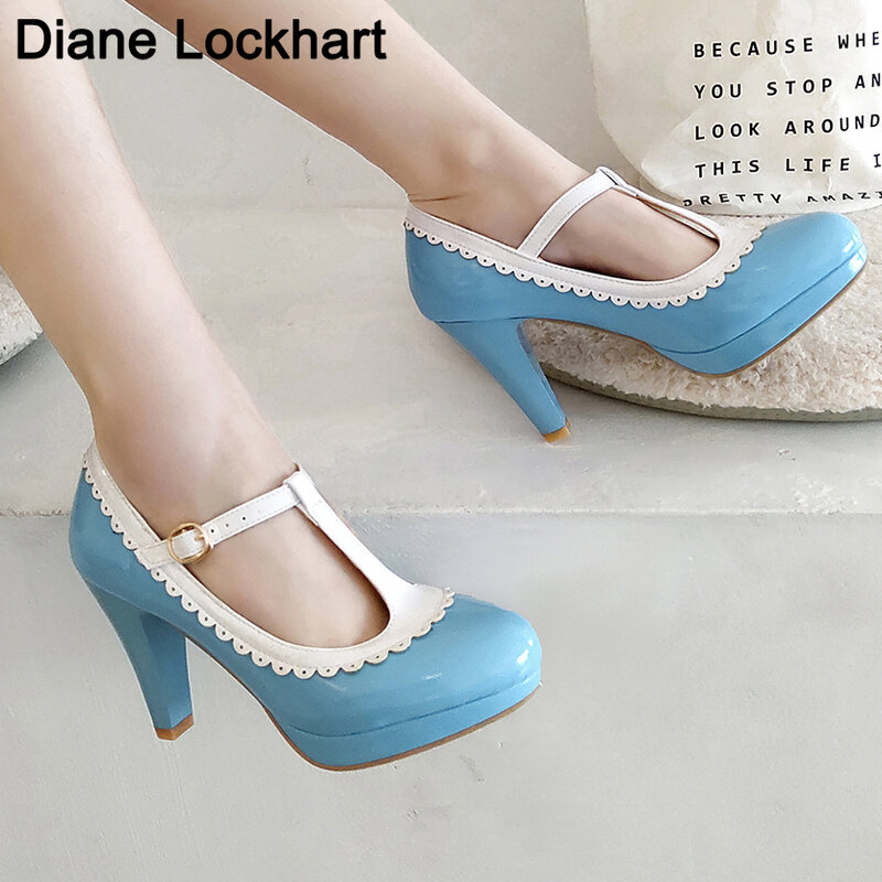 Vintage T Strap Mary Janes Shoes For Women Blue Patent Leather Pumps Female platform Heels Ladies Footwear Sandalias De Mujer