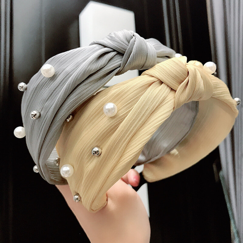 Корейская атласная двухслойная повязка на голову с жемчугом тканевая широкая повязка на голову с бисером