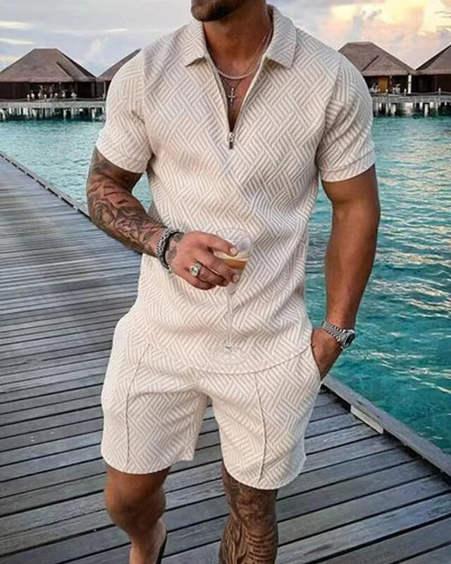 Hawaiian Men Sweatsuit Set Solid Color 3D Print Casual Zipper Collar Polo Shirt Shorts 2pcs Sets Streetwear Fashion Man Clothing