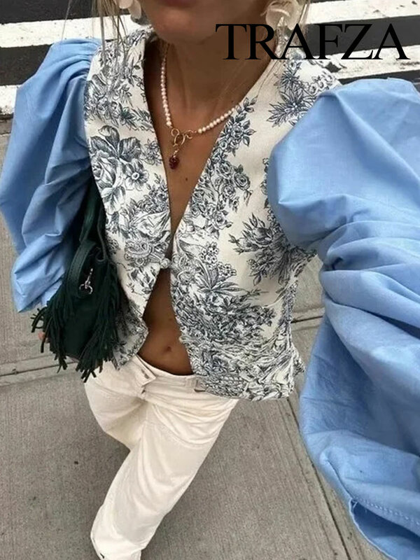 TRAFZA-Camisa de manga longa retrô com estampa em decote em v feminina, camisa casual de peito único, emenda elegante, verão