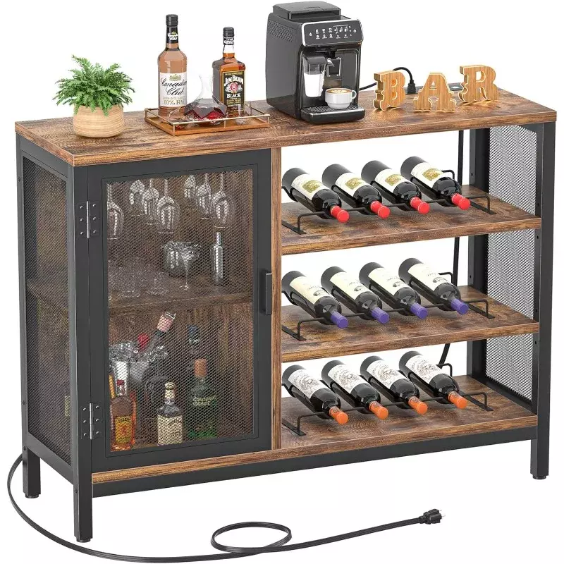 Wine Bar Cabinet with Led Lights and Power Outlets, Industrial Coffee Bar Cabinet for Liquor and Glasses, Farmhouse Bar Cabinet