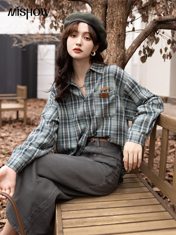 MISHOW-Blusa de algodón a cuadros para mujer, camisa holgada con cuello tipo Polo, de una sola botonadura, elegante e informal, para otoño, MXB35C0566