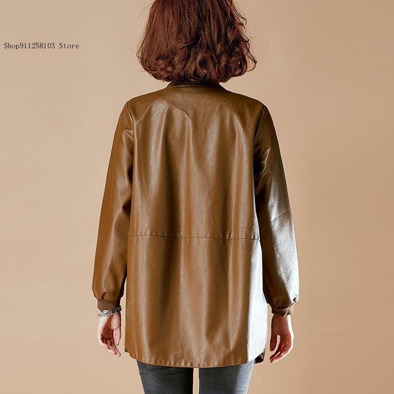 Jaqueta de couro PU de comprimento médio para mulheres, jaqueta falsa solta, estilo viajante, terno de beisebol, primavera e outono