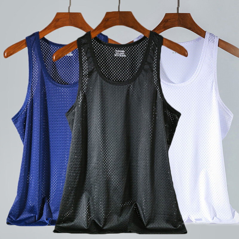 New Mens Mesh Vest Ice Silk Quick-drying Bodybuilding Tank tops Fitness Muscle Sleeveless Narrow Vest Fitness Casual Sport Tops