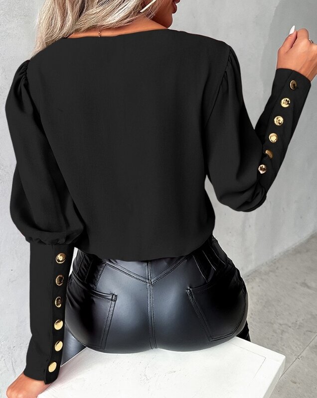 Women's Casual Contrast Sequin Buttoned V-Neck Top Temperament Commuting Female Clothing New Long Sleeve Daily Blouses