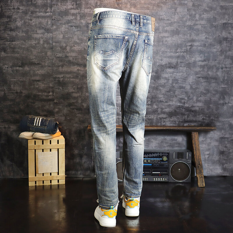 Nowo designerskie modne dżinsy męskie niebieskie w stylu Retro wysokiej jakości elastyczne Slim Fit porwane jeansy mężczyzn Vintage casualowe spodnie jeansowe Hombre