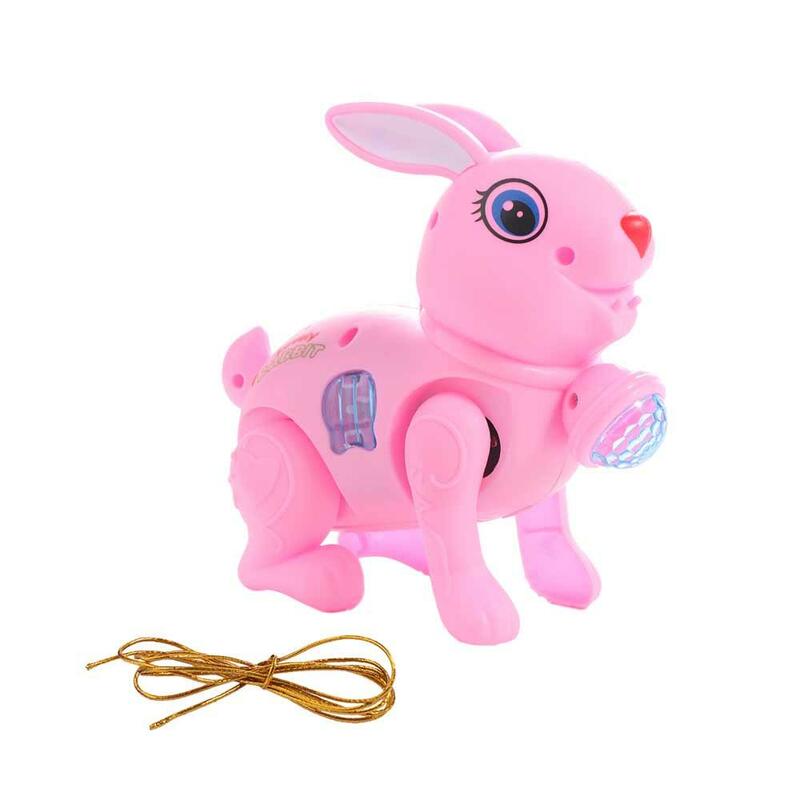 Mainan kelinci berjalan elektronik kartun baru, mainan musik indah bercahaya dengan tali traksi untuk belajar bayi mainan merangkak