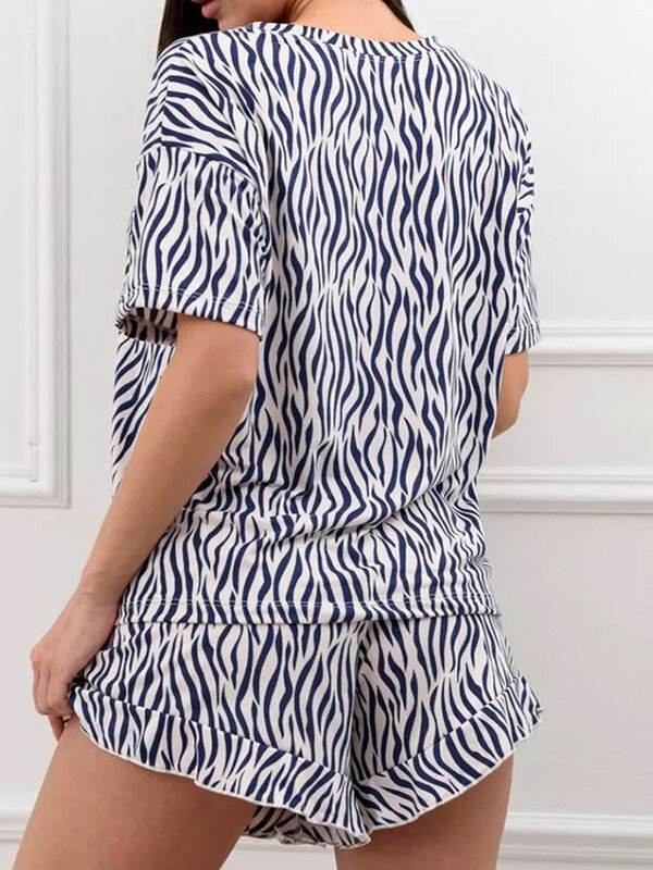 Marthaqi-半袖,ラウンドカラーの女性用パジャマセット,カジュアル,ショートトップ,パジャマショーツ,ホームウェア