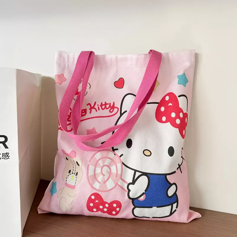 Bolsa de lona Sanrio feminina, bolsa de ombro kawaii, Kuromi Hello Kitty Cinnamoroll, grande capacidade, bolsa de compras casual