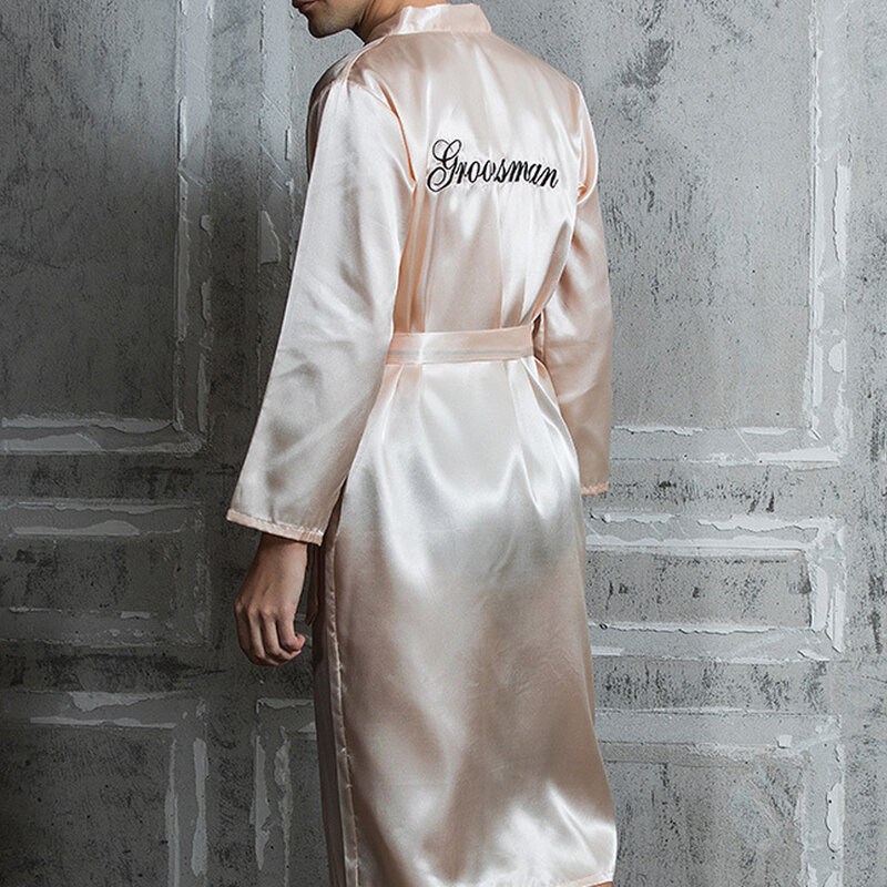Groom Robe Embroidery Satin Soft Home Bathrobe Nightgown For Men Casual Kimono Groomsman Wedding Party Sleepwear Plus Size 3XL